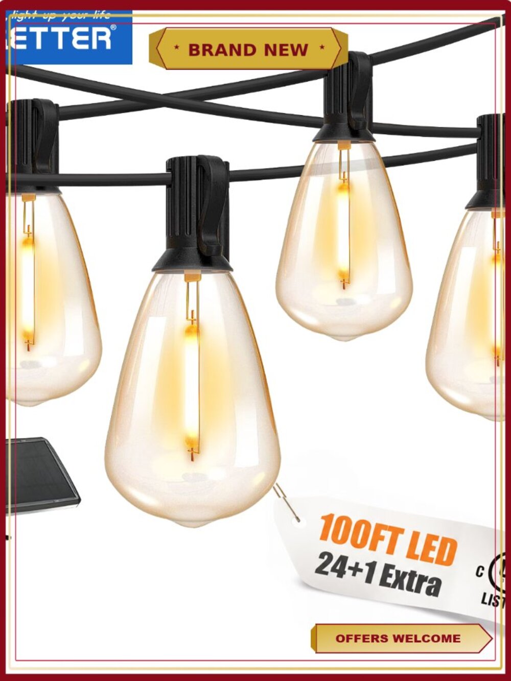 100ft Solar String Lights Outdoor Shatterproof 24 LED Patio